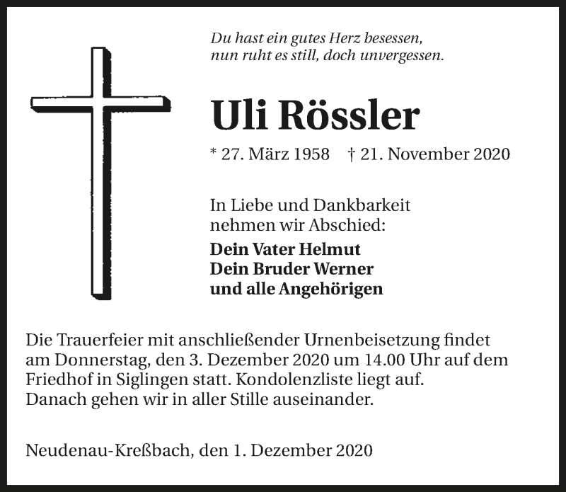  Traueranzeige für Uli Rössler vom 01.12.2020 aus GESAMT