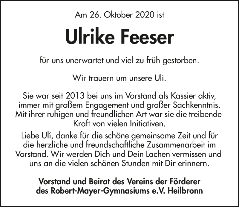  Traueranzeige für Ulrike Feeser vom 06.11.2020 aus GESAMT