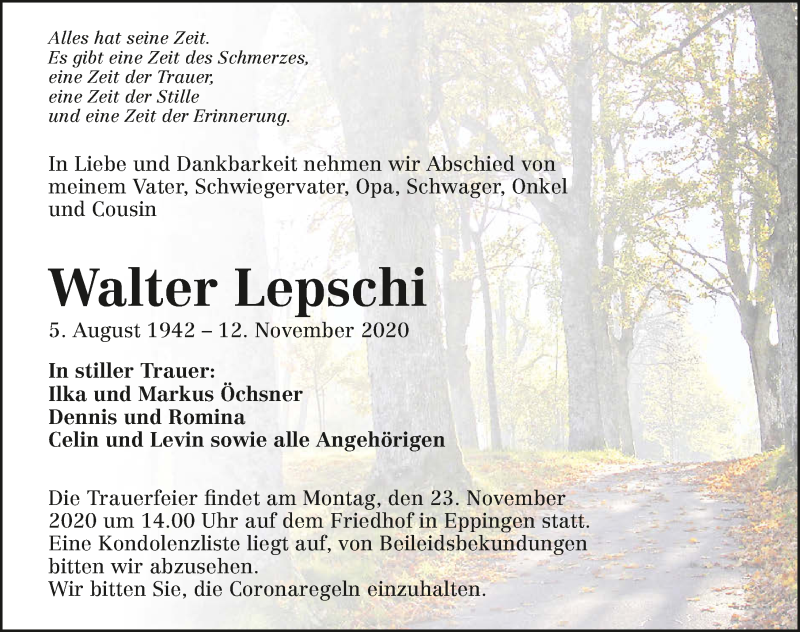  Traueranzeige für Walter Lepschi vom 19.11.2020 aus GESAMT