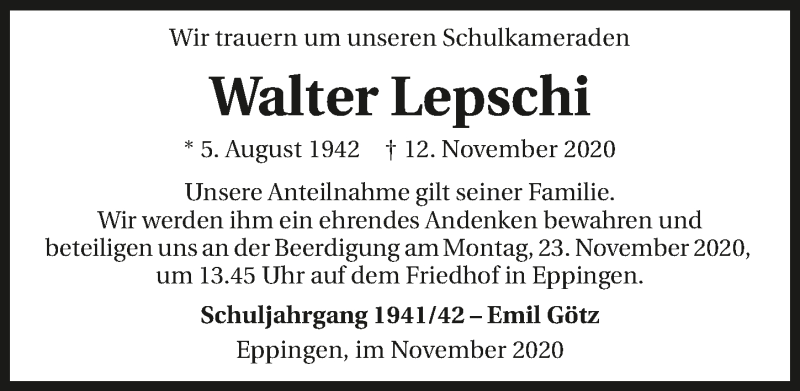  Traueranzeige für Walter Lepschi vom 20.11.2020 aus GESAMT