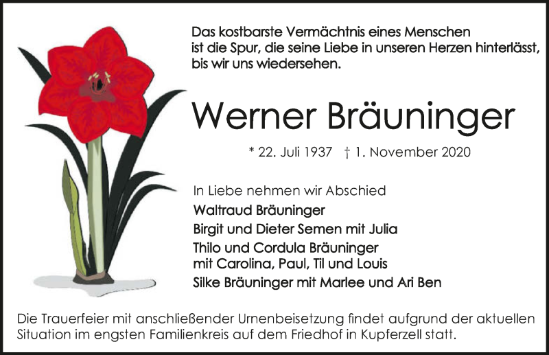  Traueranzeige für Werner Bräuninger vom 07.11.2020 aus GESAMT