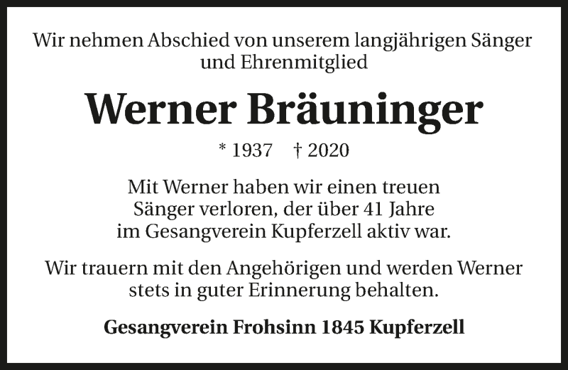 Traueranzeige für Werner Bräuninger vom 10.11.2020 aus GESAMT