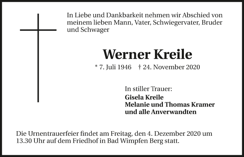  Traueranzeige für Werner Kreile vom 28.11.2020 aus GESAMT