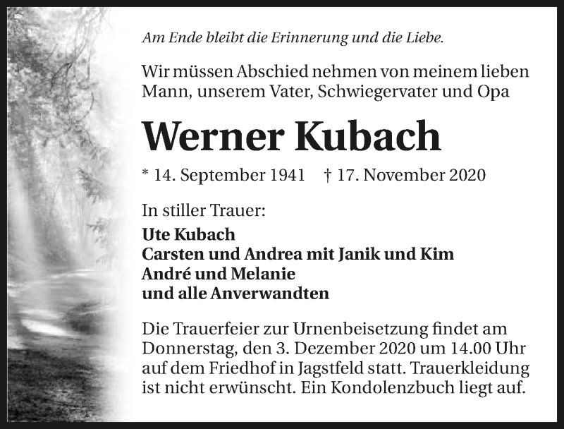  Traueranzeige für Werner Kubach vom 28.11.2020 aus GESAMT