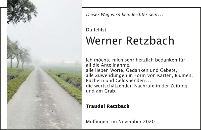  Traueranzeige für Werner Retzbach vom 25.11.2020 aus GESAMT