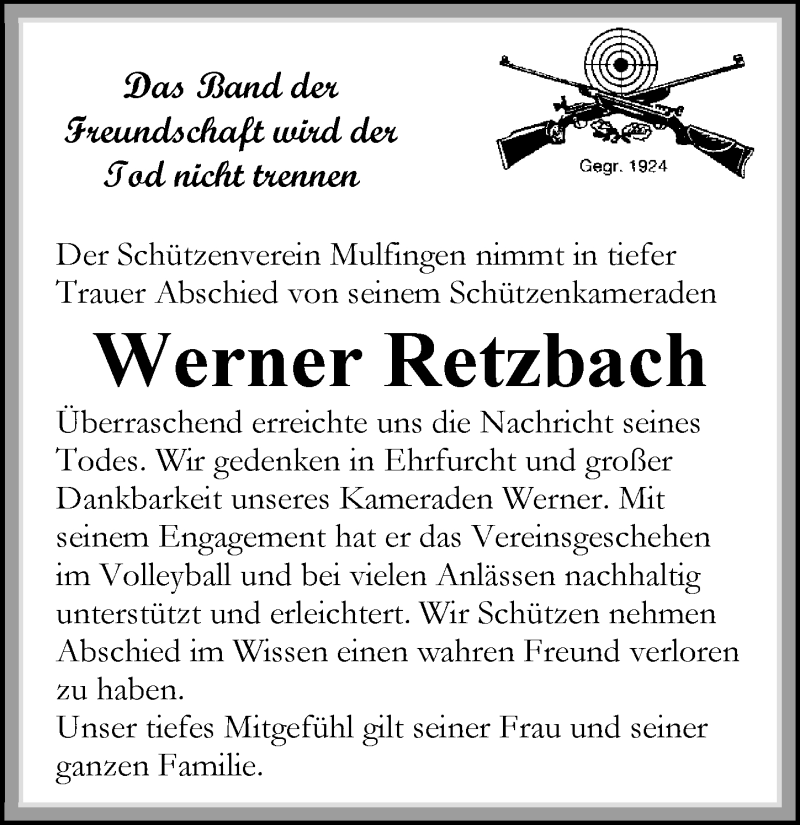  Traueranzeige für Werner Retzbach vom 06.11.2020 aus GESAMT