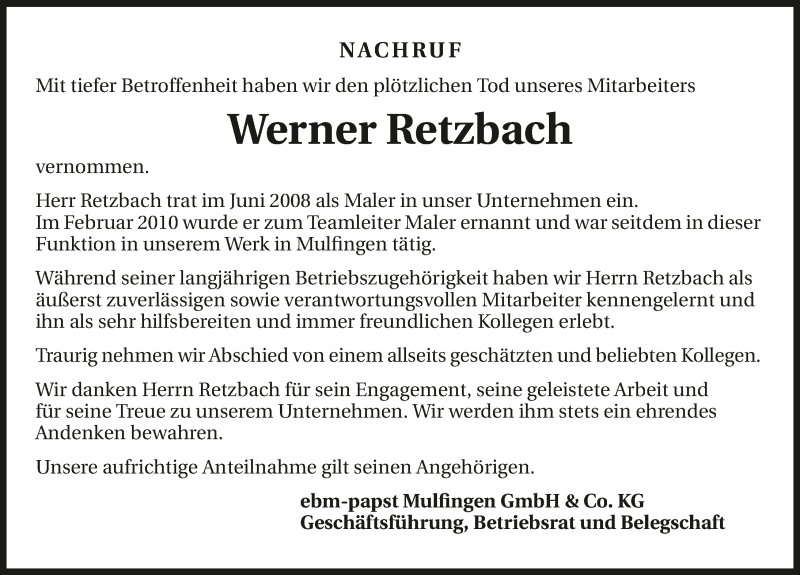  Traueranzeige für Werner Retzbach vom 04.11.2020 aus GESAMT