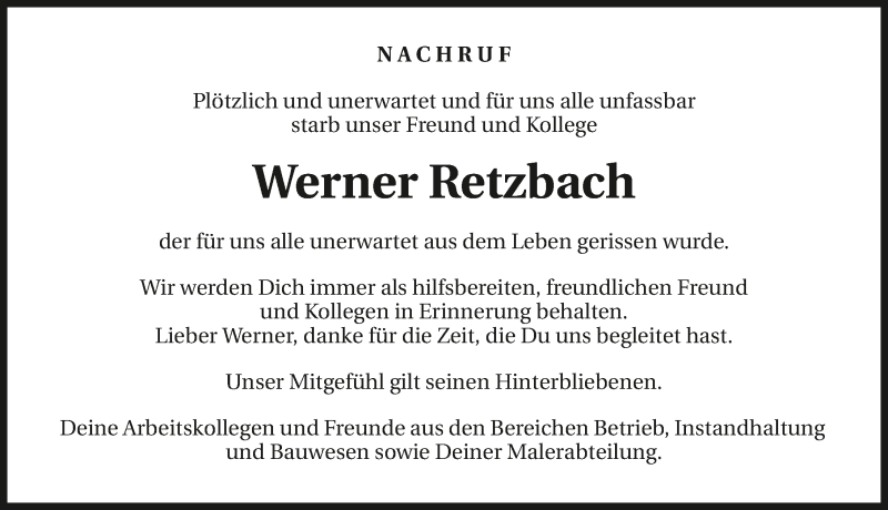 Traueranzeige für Werner Retzbach vom 05.11.2020 aus GESAMT