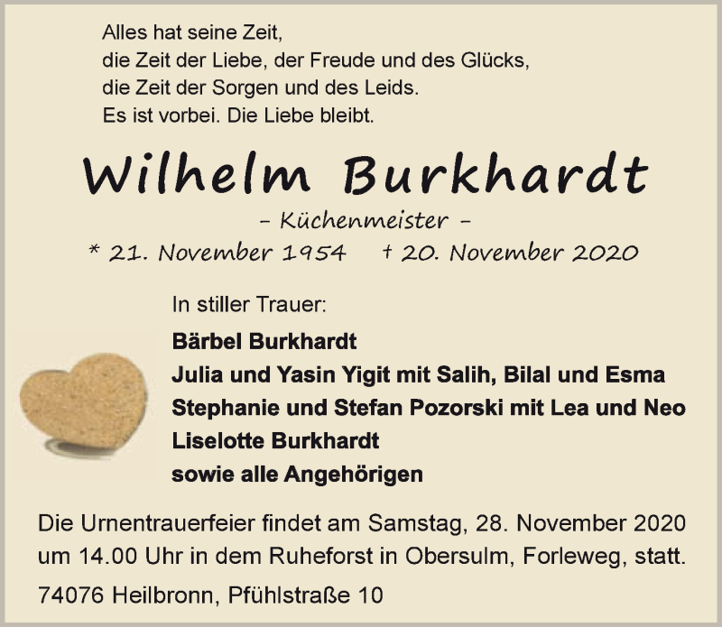  Traueranzeige für Wilhelm Burkhardt vom 21.11.2020 aus GESAMT