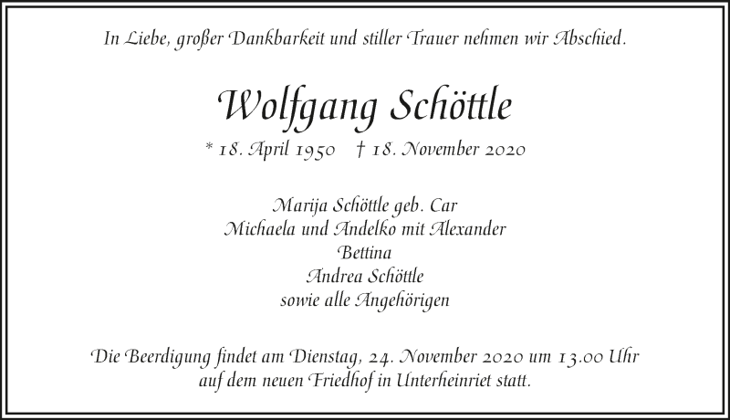  Traueranzeige für Wolfgang Schöttle vom 20.11.2020 aus GESAMT