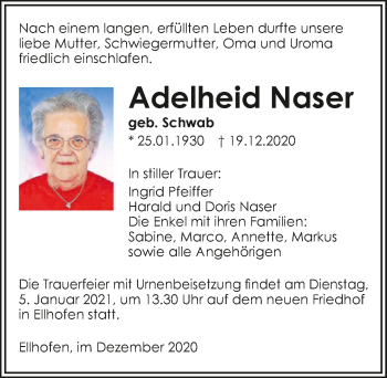 Traueranzeige von Adelheid Naser von GESAMT
