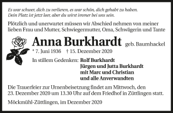 Traueranzeige von Anna Burkhardt von GESAMT
