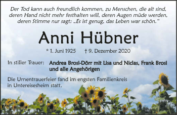 Traueranzeige von Anna Hübner von GESAMT