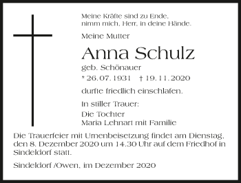 Traueranzeige von Anna Schulz von GESAMT
