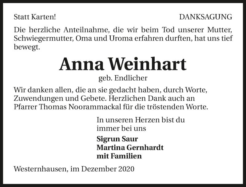 Traueranzeige für Anna Weinhart vom 04.12.2020 aus GESAMT