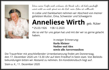 Traueranzeige von Anneliese Wirth von GESAMT