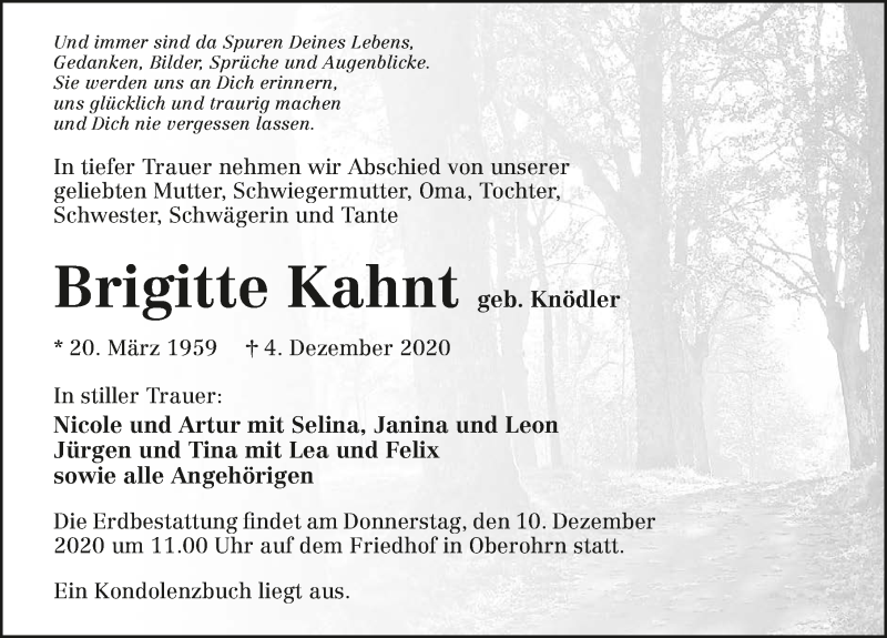  Traueranzeige für Brigitte Kahnt vom 08.12.2020 aus GESAMT