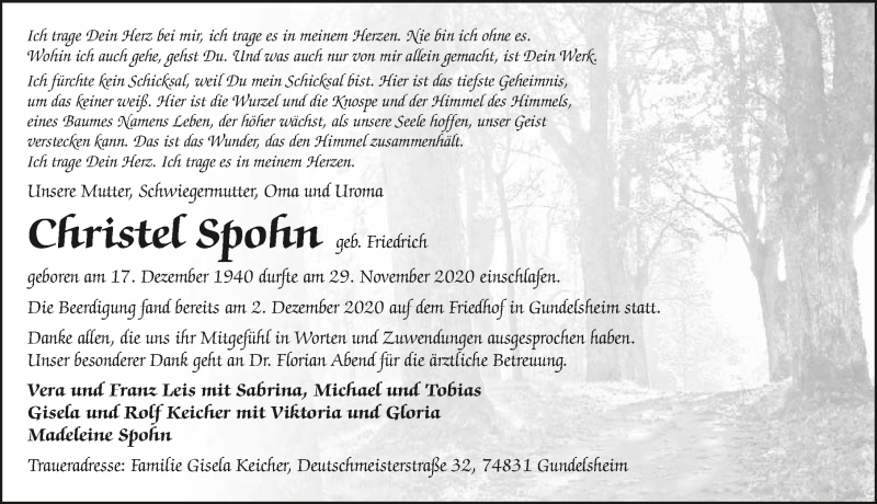  Traueranzeige für Christael Spohn vom 07.12.2020 aus GESAMT