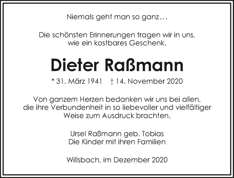  Traueranzeige für Dieter Raßmann vom 02.12.2020 aus GESAMT