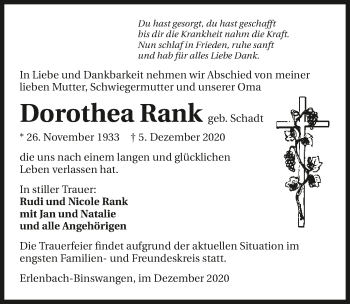 Traueranzeige von Dorothea Rank von GESAMT