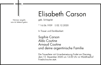 Traueranzeige von Elisabeth Carson von GESAMT