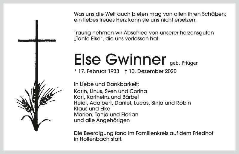  Traueranzeige für Else Gwinner vom 14.12.2020 aus GESAMT