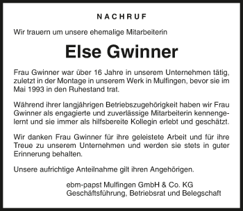 Traueranzeige von Else Gwinner von GESAMT