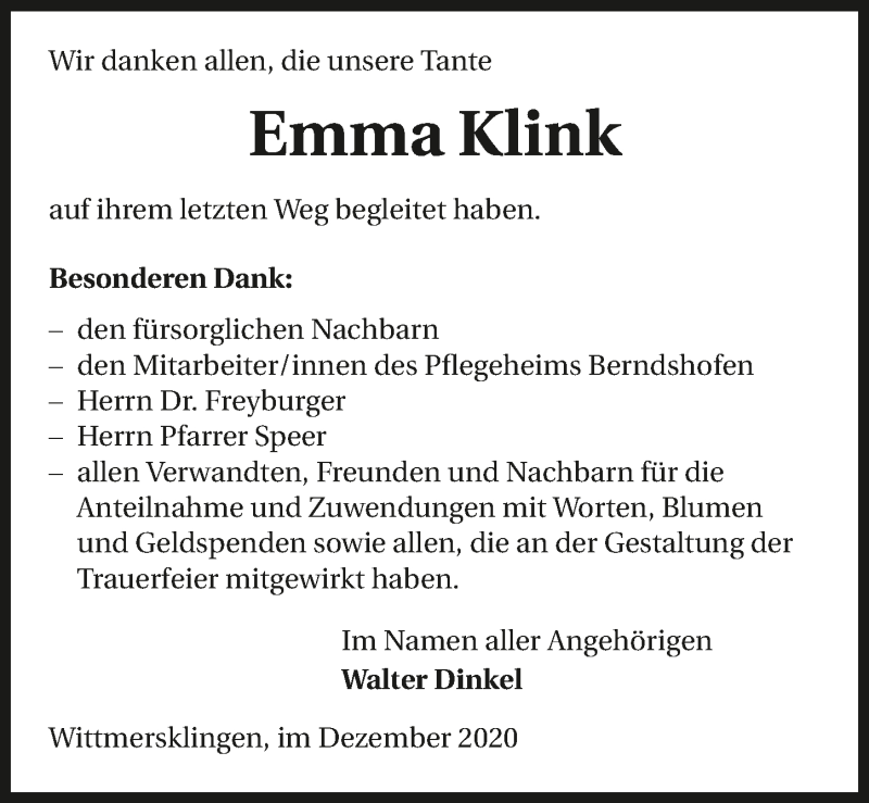  Traueranzeige für Emma Klink vom 19.12.2020 aus GESAMT