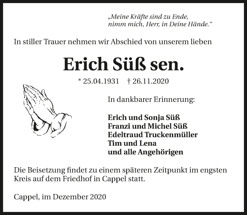  Traueranzeige für Erich Süß vom 02.12.2020 aus GESAMT