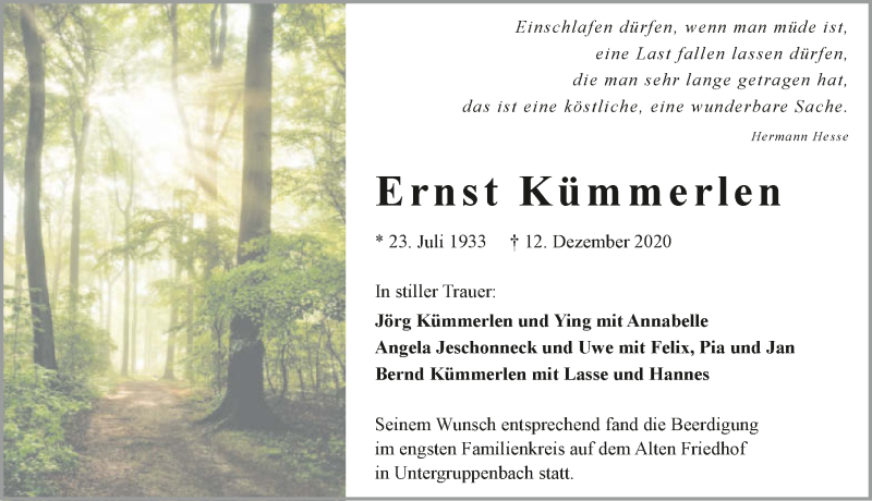  Traueranzeige für Ernst Kümmerlen vom 19.12.2020 aus GESAMT