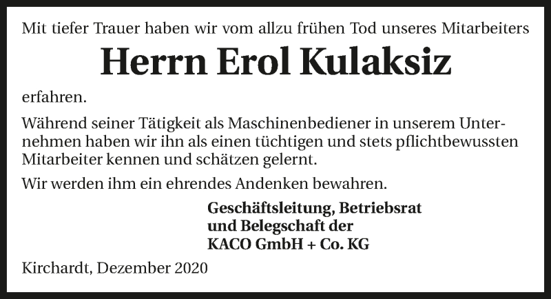  Traueranzeige für Erol Kulaksiz vom 09.12.2020 aus GESAMT