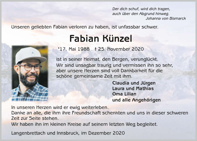  Traueranzeige für Fabian Künzel vom 22.12.2020 aus GESAMT