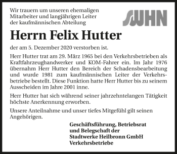 Traueranzeige von Felix Hutter von GESAMT