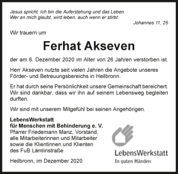Traueranzeige von Ferhat Akseven von GESAMT