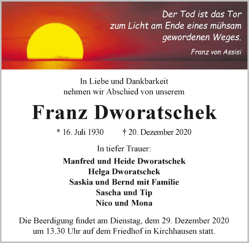  Traueranzeige für Franz Dworatschek vom 23.12.2020 aus GESAMT