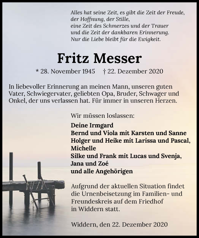  Traueranzeige für Fritz Messer vom 28.12.2020 aus GESAMT
