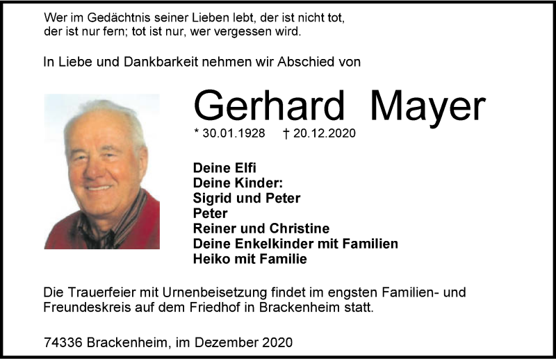  Traueranzeige für Gerhard Mayer vom 23.12.2020 aus GESAMT