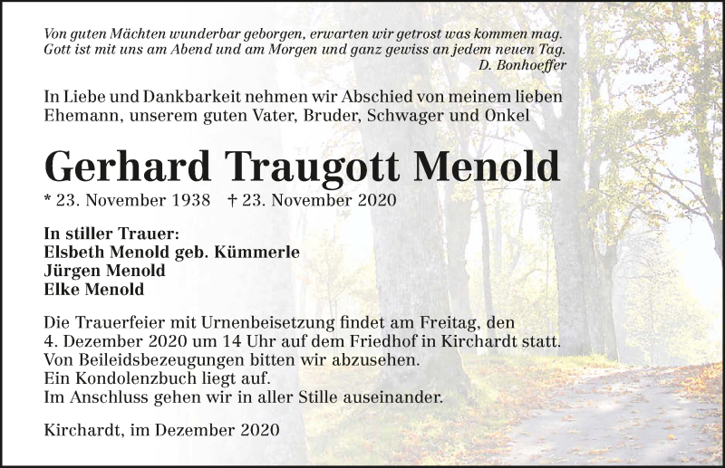  Traueranzeige für Gerhard Traugott Menold vom 02.12.2020 aus GESAMT