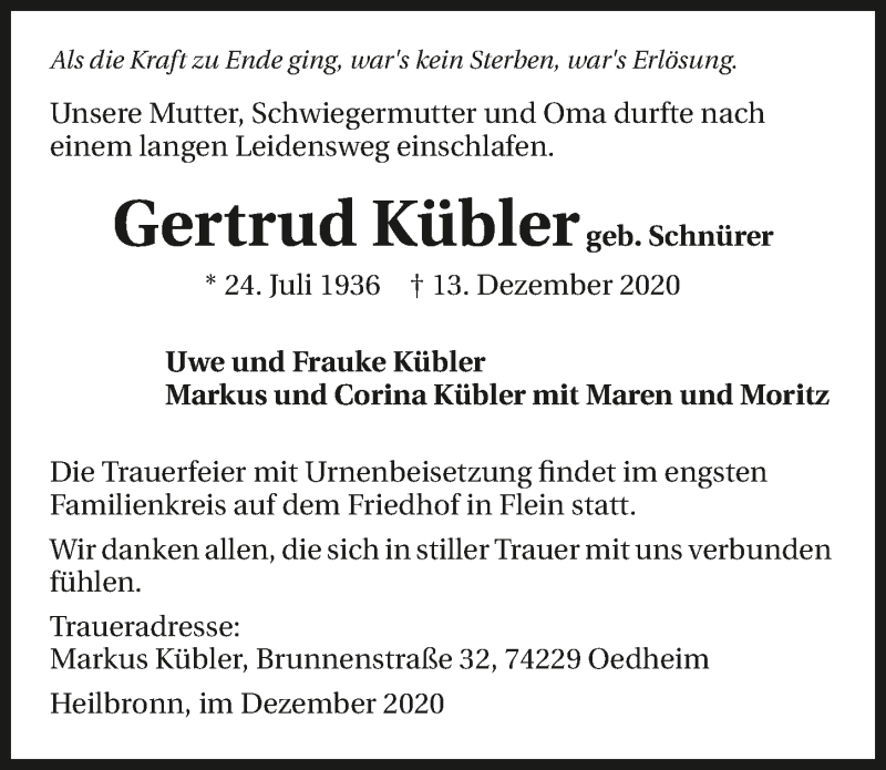  Traueranzeige für Gertrud Kübler vom 16.12.2020 aus GESAMT