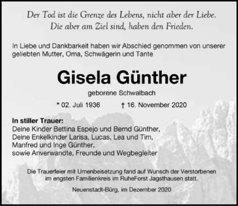  Traueranzeige für Gisela Günther vom 12.12.2020 aus GESAMT
