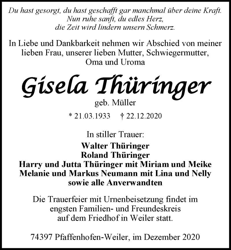  Traueranzeige für Gisela Thüringer vom 29.12.2020 aus GESAMT