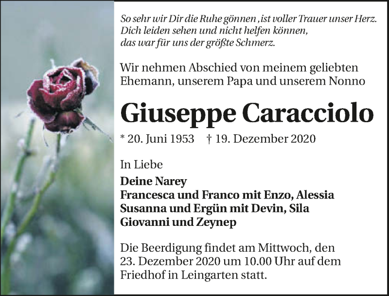  Traueranzeige für Giuseppe Caracciolo vom 22.12.2020 aus GESAMT