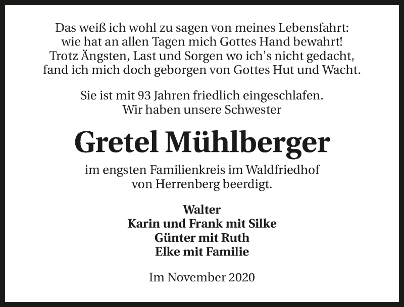  Traueranzeige für Gretel Mühlberger vom 12.12.2020 aus GESAMT