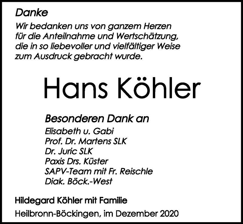  Traueranzeige für Hans Köhler vom 12.12.2020 aus GESAMT