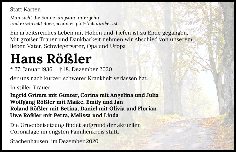  Traueranzeige für Hans Rößler vom 30.12.2020 aus GESAMT