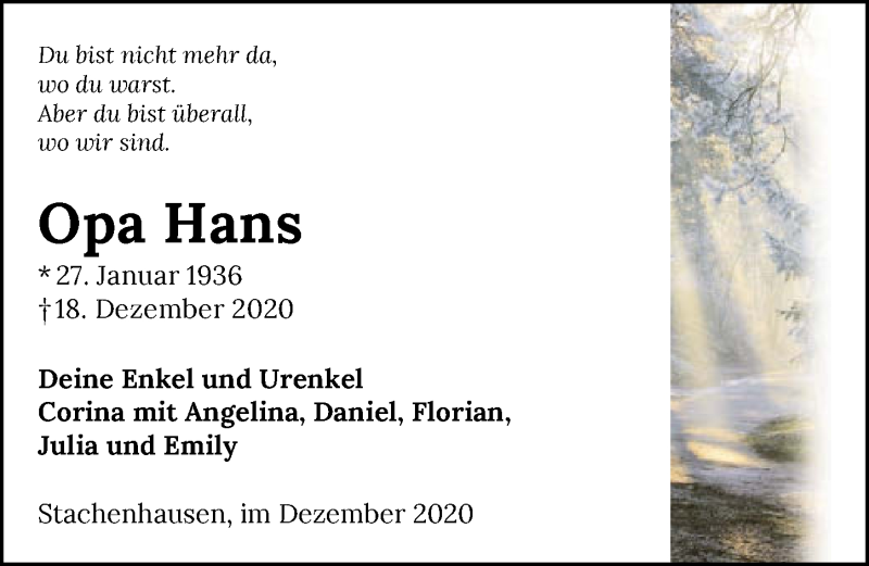  Traueranzeige für Hans Rößler vom 30.12.2020 aus GESAMT