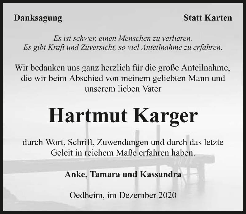  Traueranzeige für Hartmut Karger vom 24.12.2020 aus GESAMT