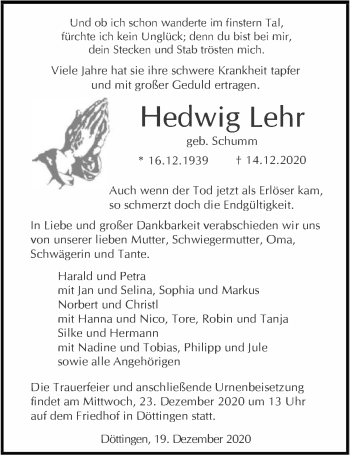 Traueranzeige von Hedwig Lehr von GESAMT
