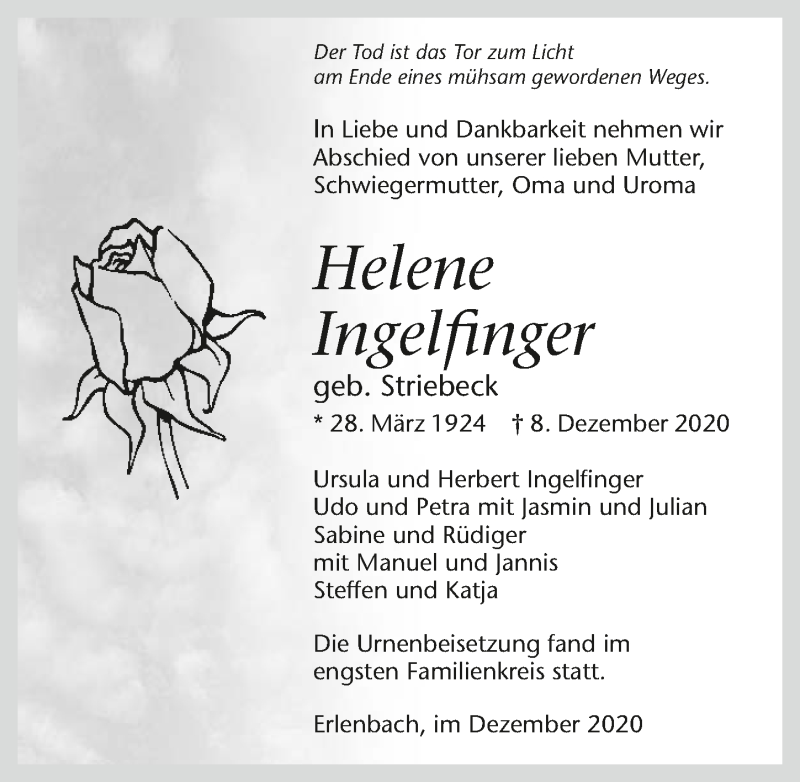  Traueranzeige für Helene Ingelfinger vom 21.12.2020 aus GESAMT