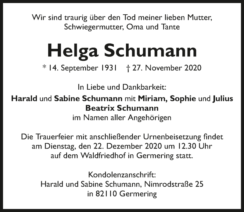  Traueranzeige für Helga Schumann vom 19.12.2020 aus GESAMT